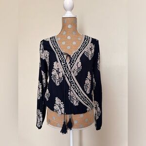 V Neck Long Sleeve Faux Wrap Blouse